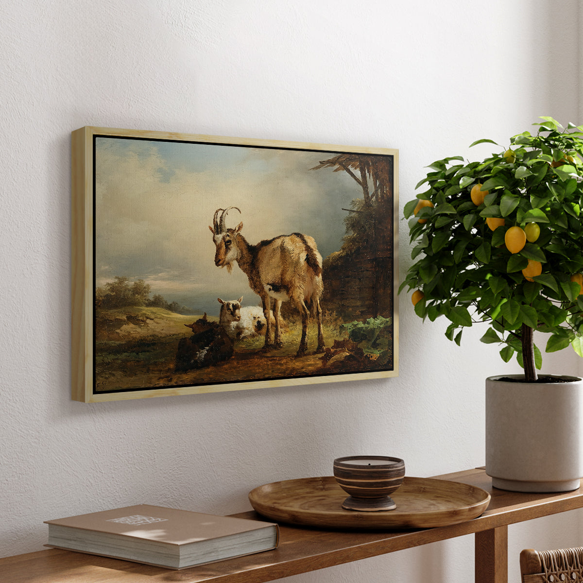 A Goat with Two Kids - Floater Framed Canvas Print