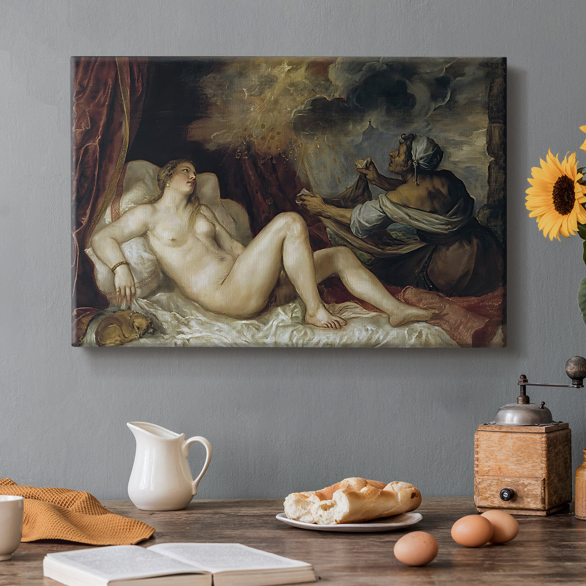 Canvas art print featuring a reclining nude woman on bed in mythological interior scene, set in a cozy kitchen setting