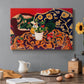 Canvas art print featuring a vibrant still life with fruit, vessels, and patterned objects on a table, set in a cozy kitchen setting