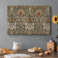Canvas art print featuring a repeating floral pattern with dark background and warm-toned plant forms, set in a cozy kitchen setting