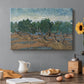 Canvas art print featuring twisting olive trees set within rolling landscape under vibrant sky, set in a cozy kitchen setting