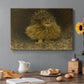 Canvas art print featuring a large owl perched on branch in shadowy natural forest setting, set in a cozy kitchen setting