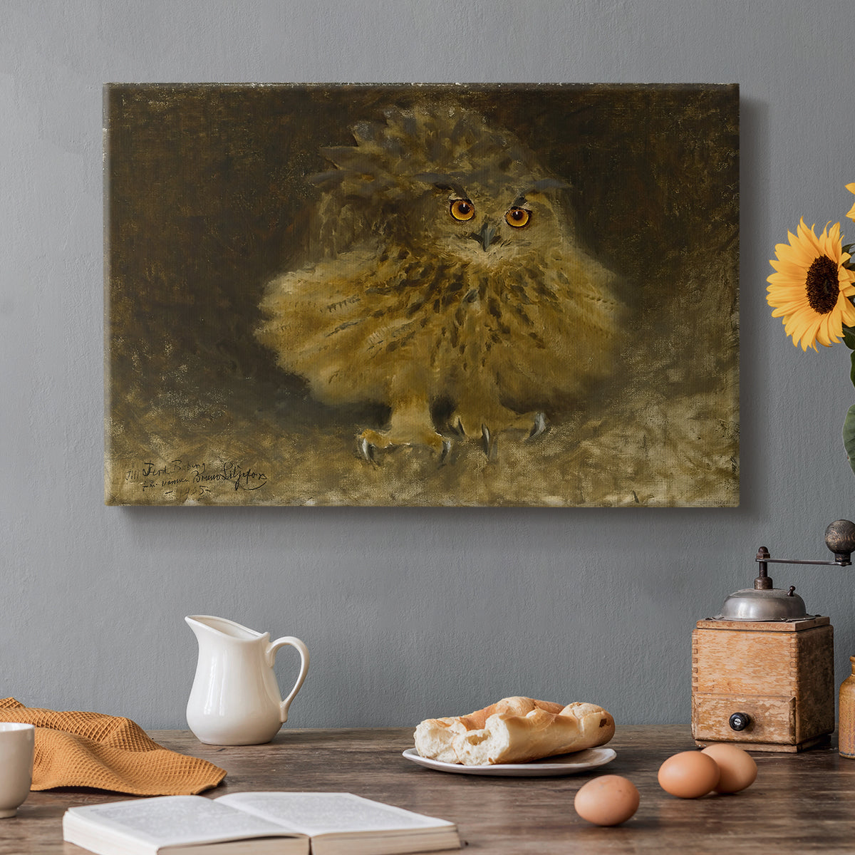 Canvas art print featuring a large owl perched on branch in shadowy natural forest setting, set in a cozy kitchen setting