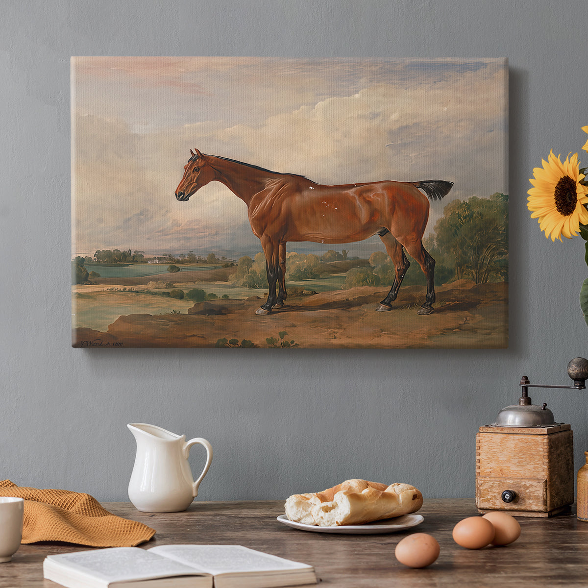 Canvas art print featuring a mounted hunter with dog in open rural landscape, set in a cozy kitchen setting