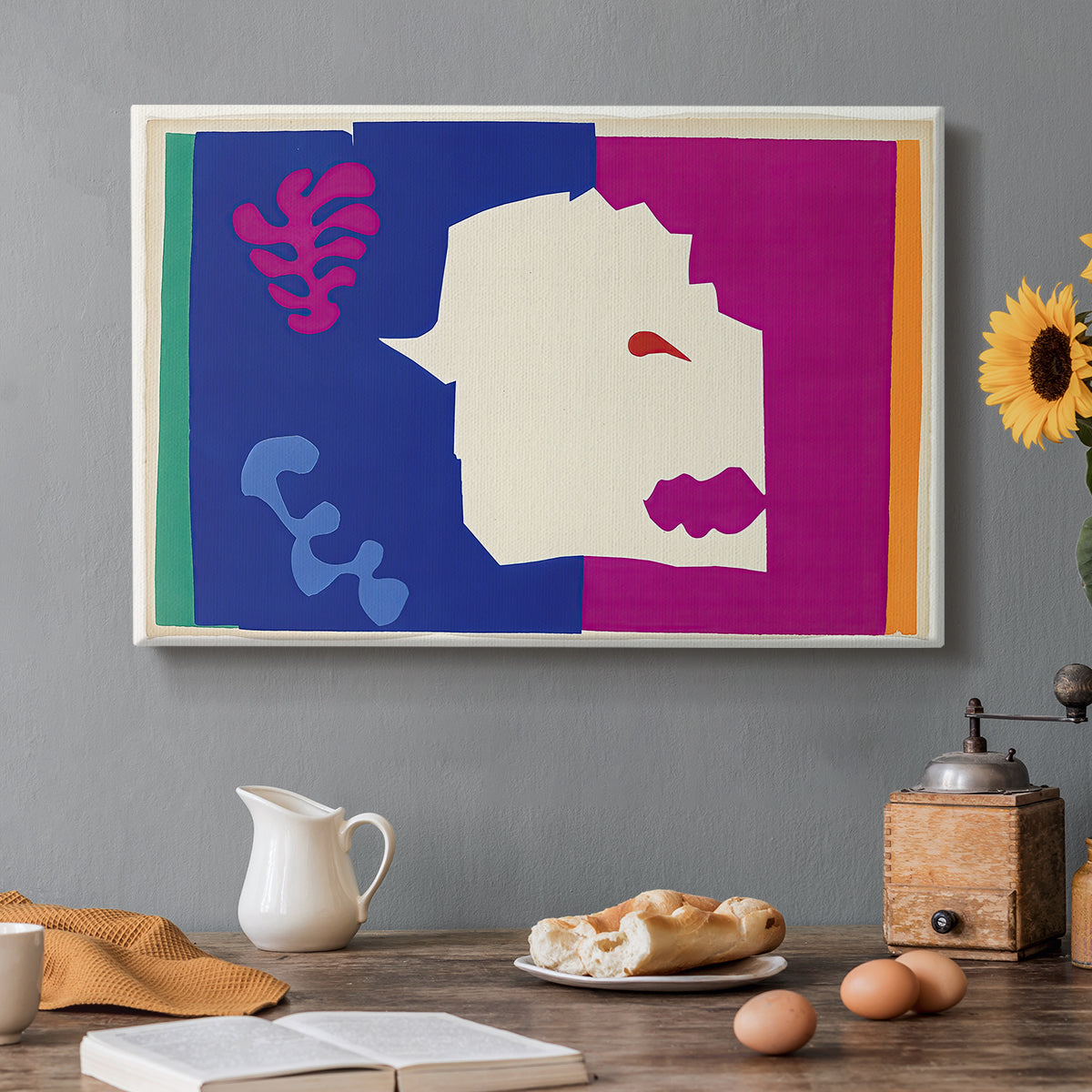 Canvas art print featuring an abstract cut-out suggesting a wolf, set in a cozy kitchen setting
