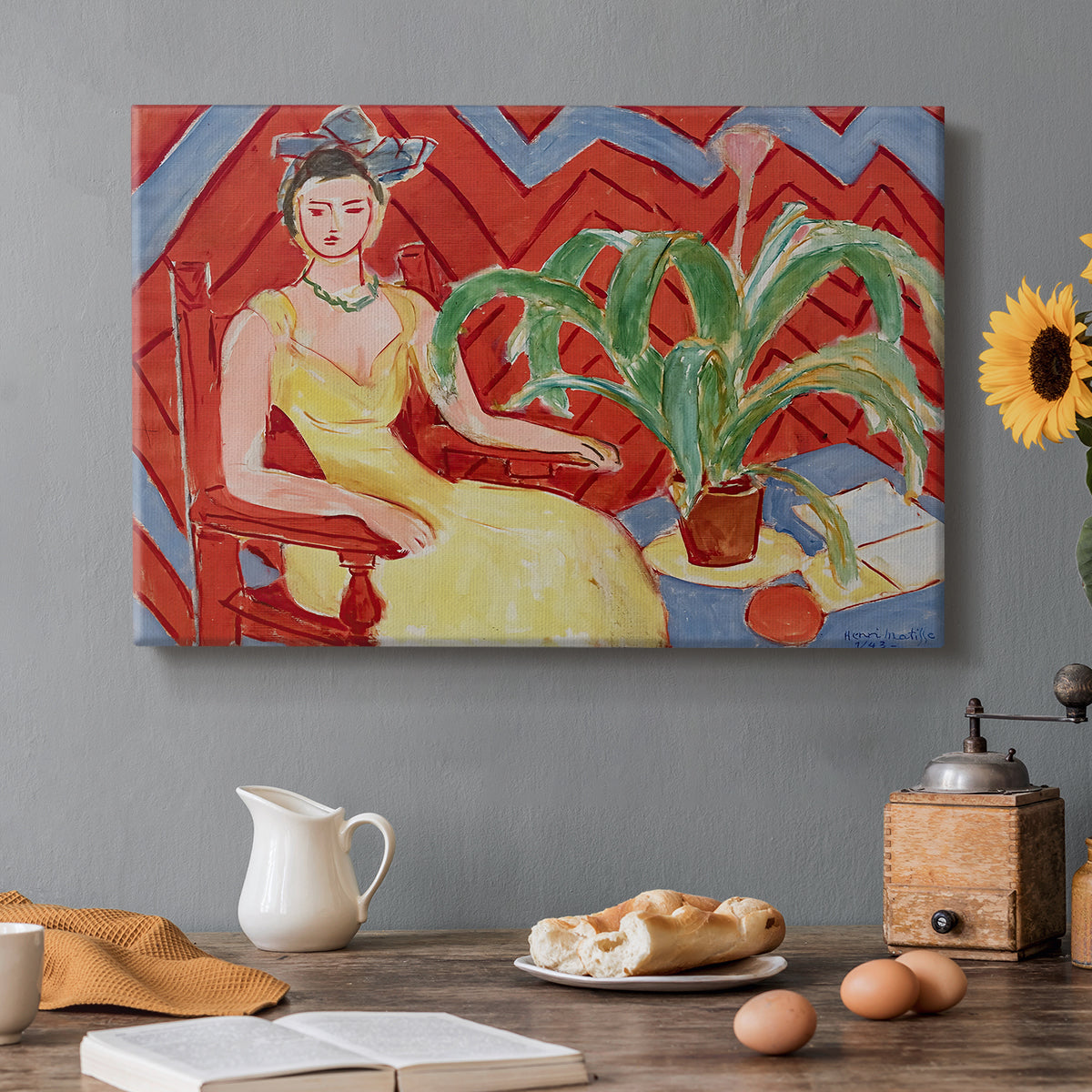 Canvas art print featuring a seated woman in a vivid interior with bold color contrasts, set in a cozy kitchen setting