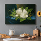 Canvas art print featuring a large magnolia flowers arranged on blue velvet, set in a cozy kitchen setting
