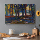Canvas art print featuring an abstracted landscape with trees and foliage in warm autumn tones, set in a cozy kitchen setting