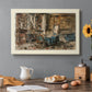 Canvas art print featuring a detailed interior study filled with books, furniture, and personal objects, set in a cozy kitchen setting