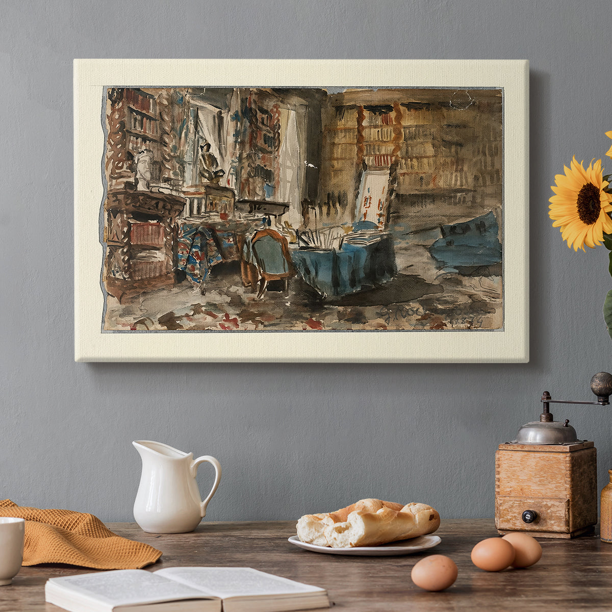 Canvas art print featuring a detailed interior study filled with books, furniture, and personal objects, set in a cozy kitchen setting