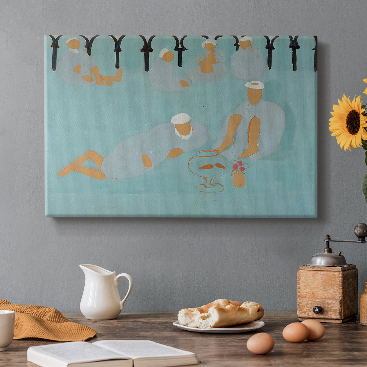 Canvas art print featuring an interior scene with seated figures in patterned, colorful environment, set in a cozy kitchen setting
