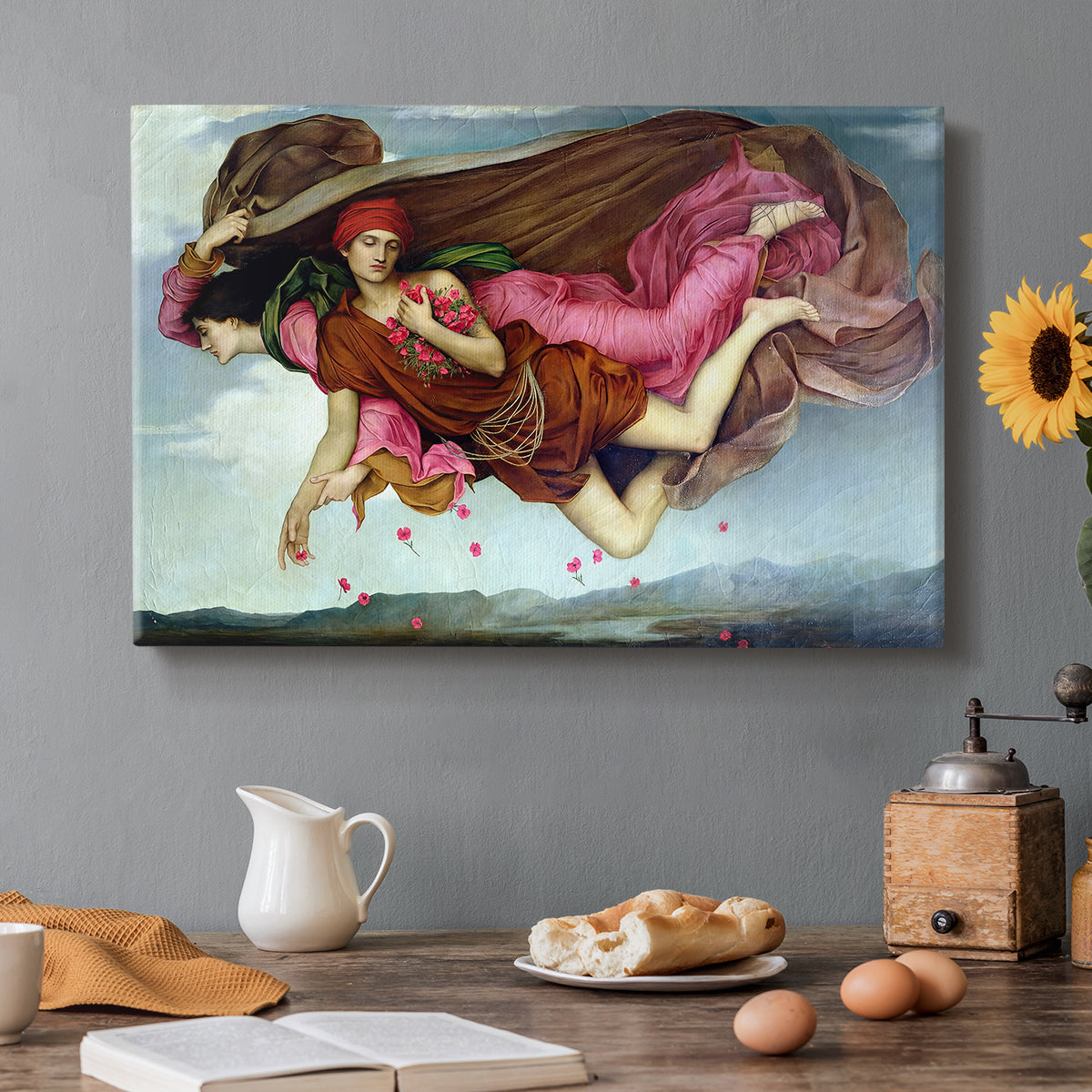 Canvas art print featuring two intertwined female figures floating through dark sky representing night and sleep, set in a cozy kitchen setting