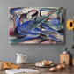 Canvas art print featuring a reclining horse depicted in flowing abstract shapes and colors, set in a cozy kitchen setting