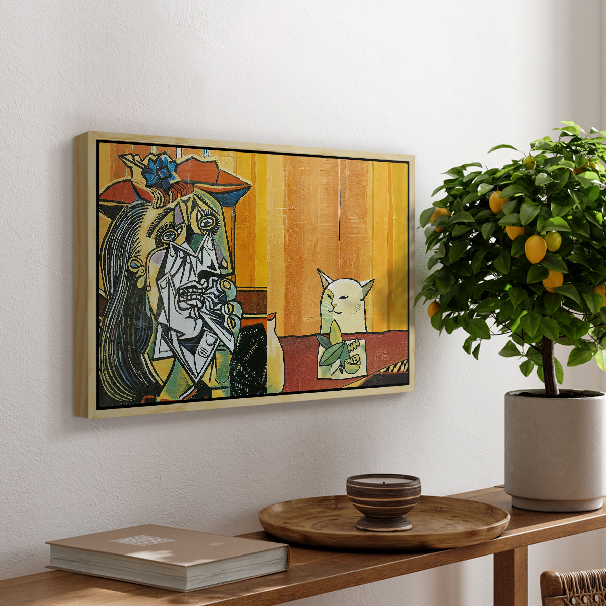 Woman Yelling at a Cat Meme (Picasso Parody) - Floater Framed Canvas Print