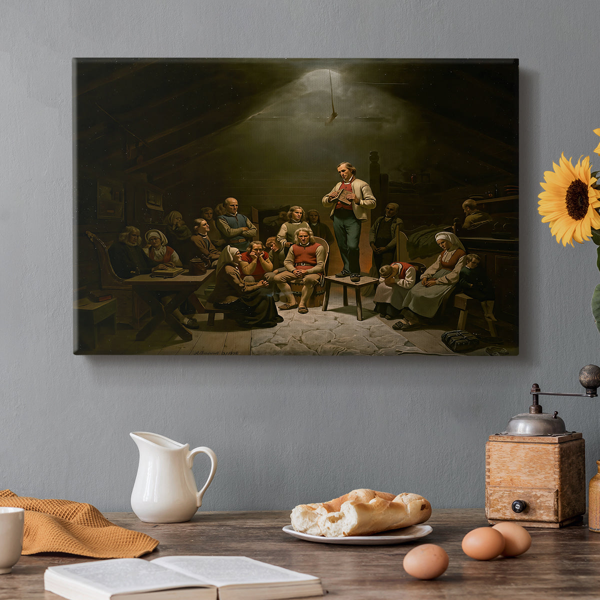 Canvas art print featuring a group of worshippers gathered in a dark interior engaged in religious devotion, set in a cozy kitchen setting