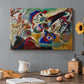 Canvas art print featuring a fragmented abstract study with intersecting lines and layered color elements, set in a cozy kitchen setting