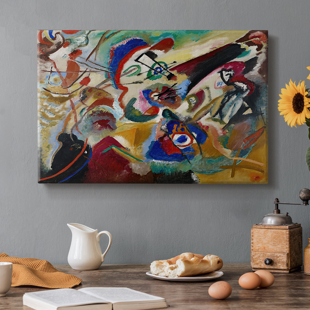Canvas art print featuring a fragmented abstract study with intersecting lines and layered color elements, set in a cozy kitchen setting