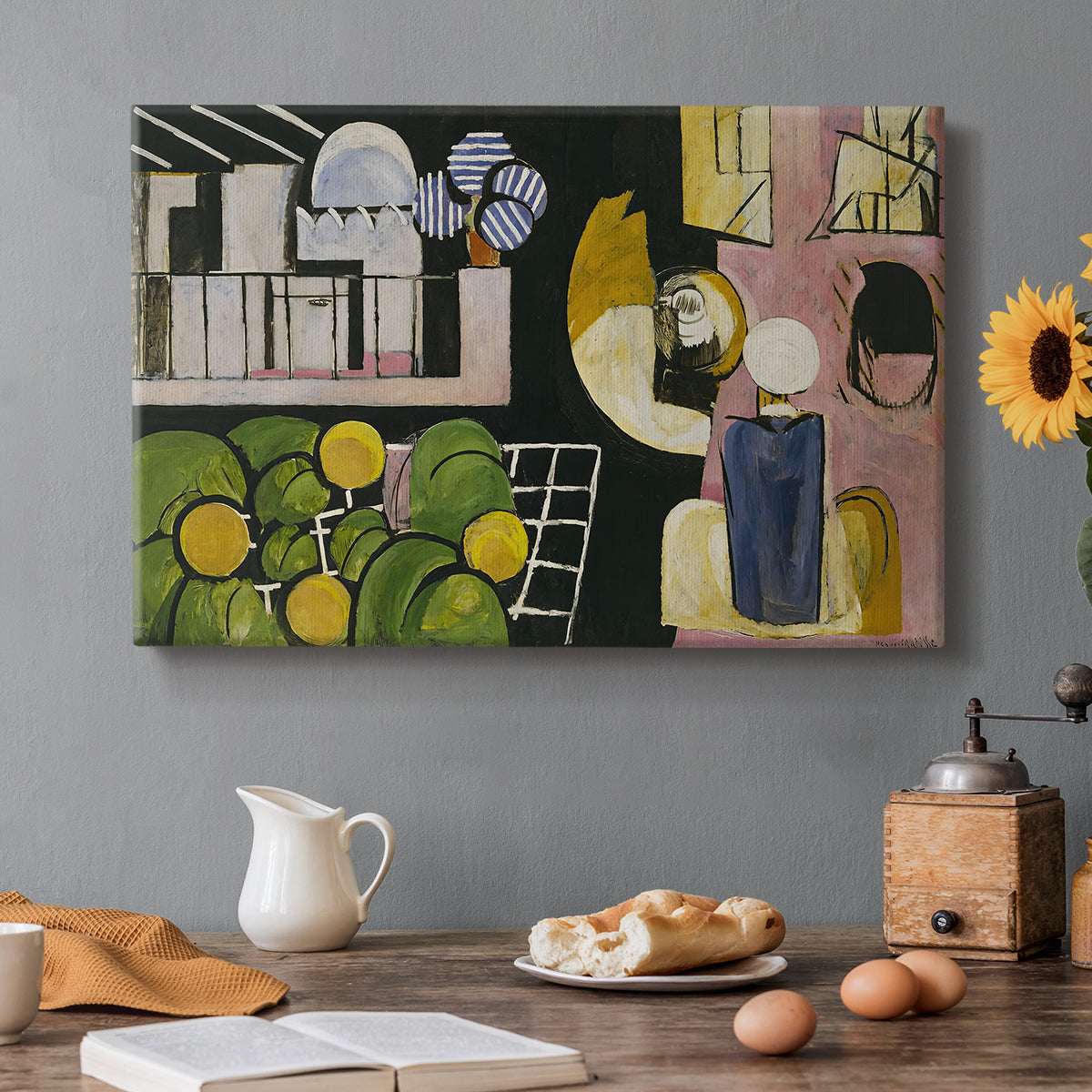 Canvas art print featuring a scene with figures, architecture, and still life elements, set in a cozy kitchen setting
