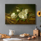 Canvas art print featuring magnolia blossoms arranged on gold velvet surface, set in a cozy kitchen setting