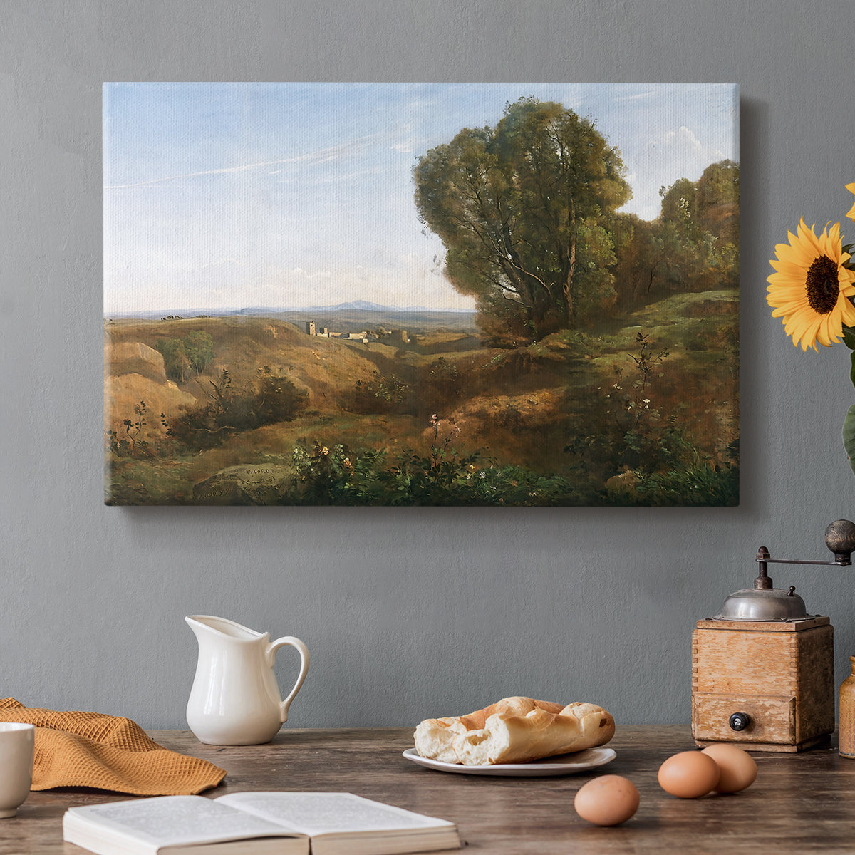 Canvas art print featuring a peaceful landscape with trees and distant horizon under soft light, set in a cozy kitchen setting
