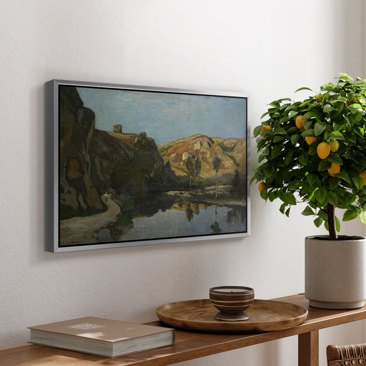 River Landscape with Cliffs, c. 1850-1860 - Floater Framed Canvas Print