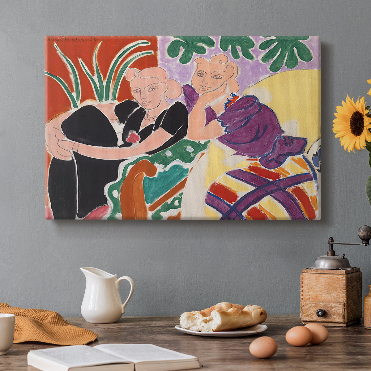 Canvas art print featuring two figures in a vivid interior engaged in conversation, set in a cozy kitchen setting