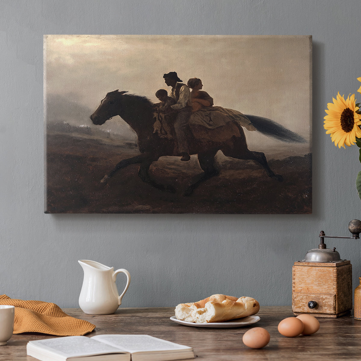 Canvas art print featuring a family riding horseback through night escaping across landscape, set in a cozy kitchen setting