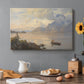 Canvas art print featuring a lake surrounded by mountains with boats on calm water, set in a cozy kitchen setting
