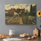 Canvas art print featuring a flower garden with plants and building in structured outdoor setting, set in a cozy kitchen setting