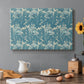 Canvas art print featuring a repeating floral pattern with tulip shapes in teal and neutral tones, set in a cozy kitchen setting