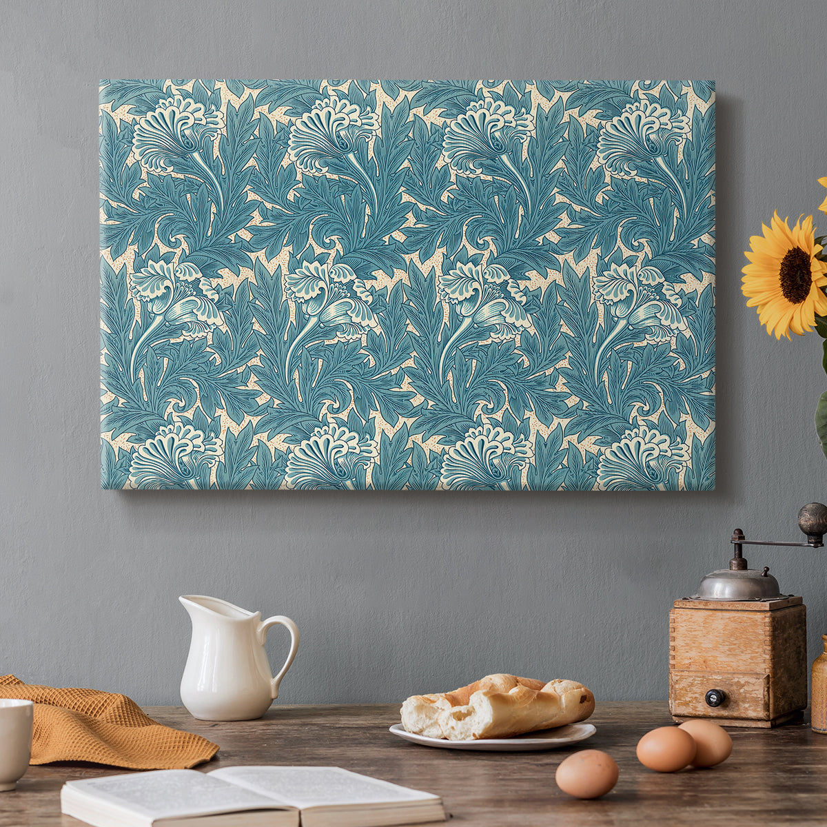 Canvas art print featuring a repeating floral pattern with tulip shapes in teal and neutral tones, set in a cozy kitchen setting