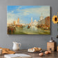 Canvas art print featuring a Venetian waterfront with boats and iconic buildings, set in a cozy kitchen setting