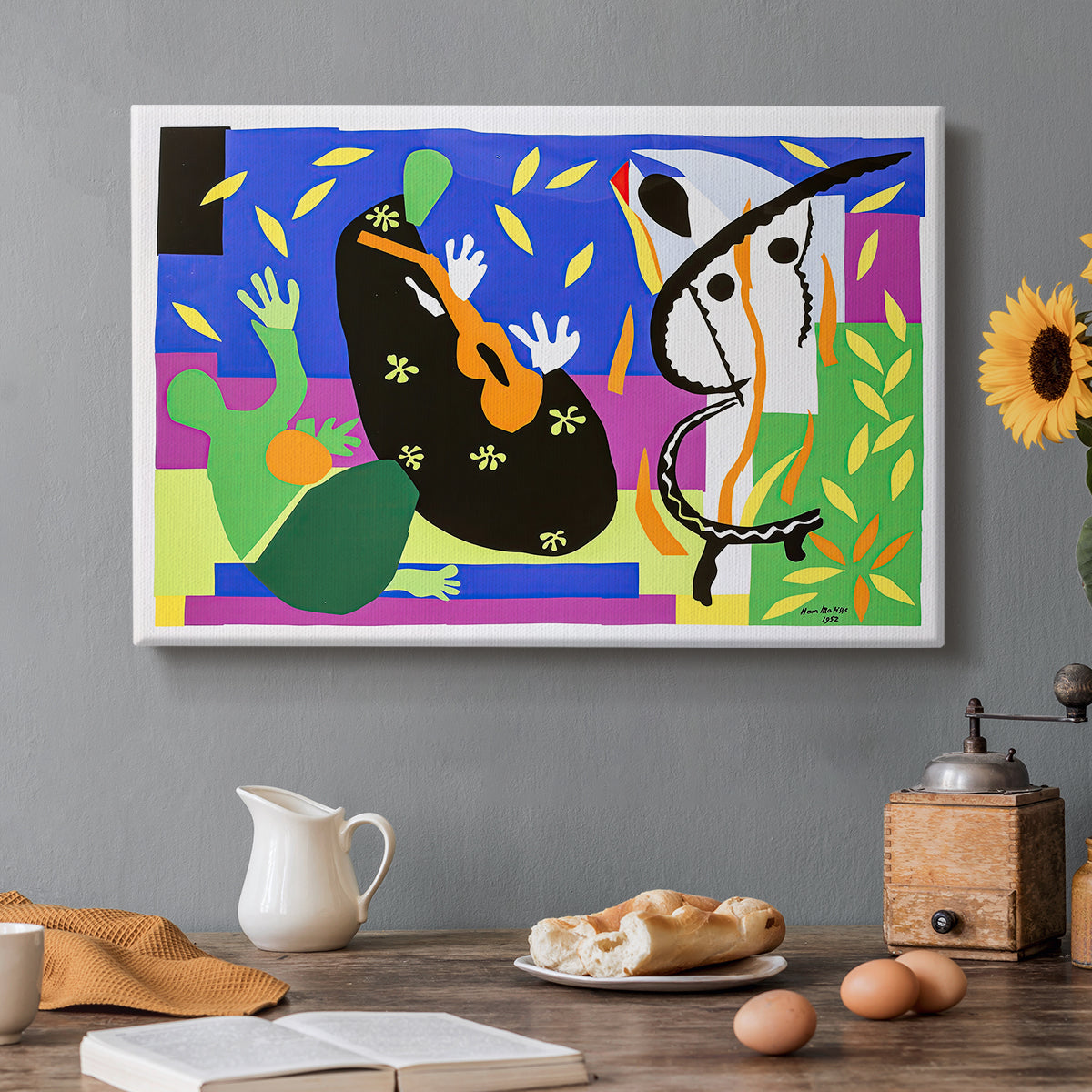 Canvas art print featuring an abstract composition with musician-like figure and shapes, set in a cozy kitchen setting