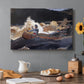Canvas art print featuring a boat navigating fast-moving river rapids with figures aboard, set in a cozy kitchen setting