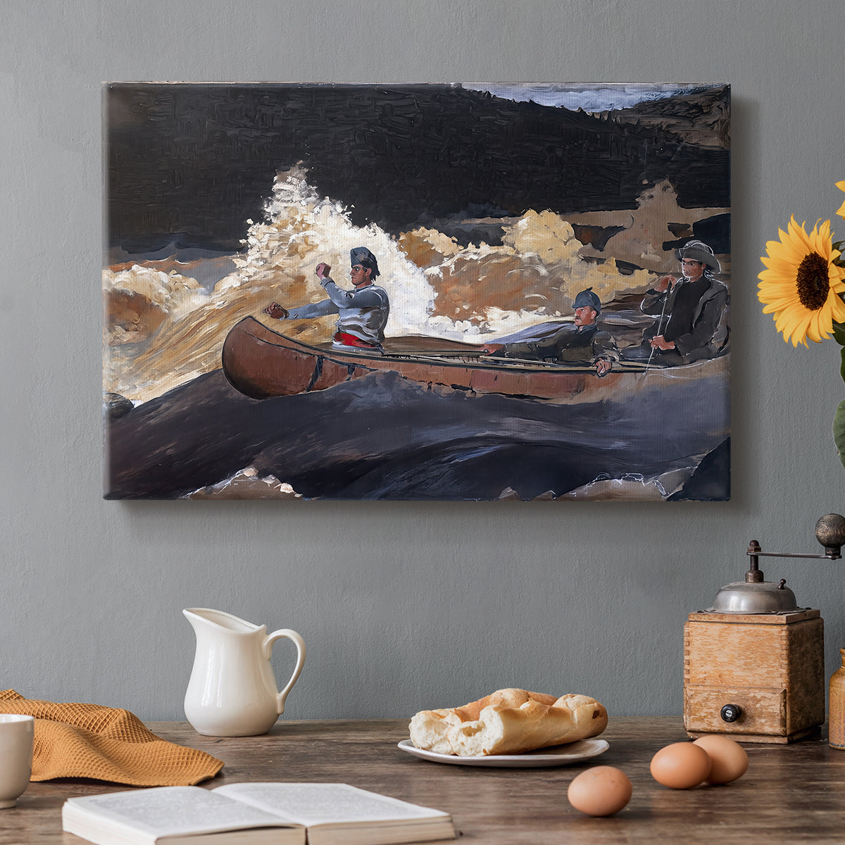 Canvas art print featuring a boat navigating fast-moving river rapids with figures aboard, set in a cozy kitchen setting
