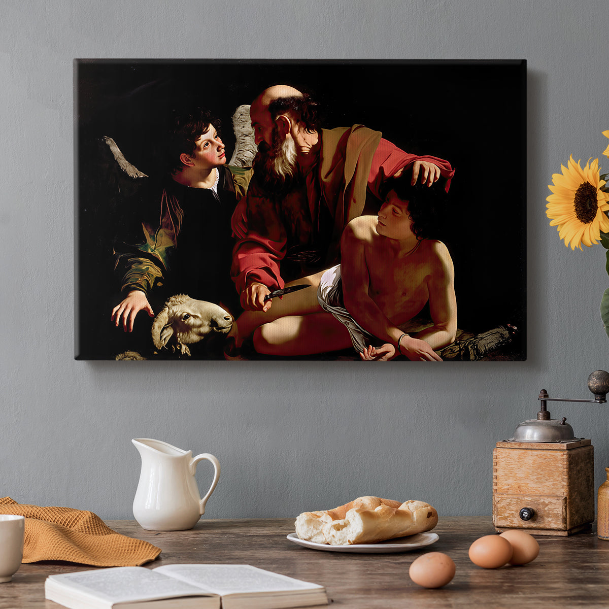 Canvas art print featuring Abraham holding Isaac while angel intervenes to stop the sacrifice, set in a cozy kitchen setting