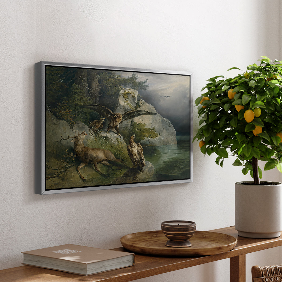 Eagles and Dying Stag on a Lakeshore, 1836 - Floater Framed Canvas Print