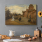 Canvas art print featuring a large house set along quiet street with figures and surrounding buildings, set in a cozy kitchen setting