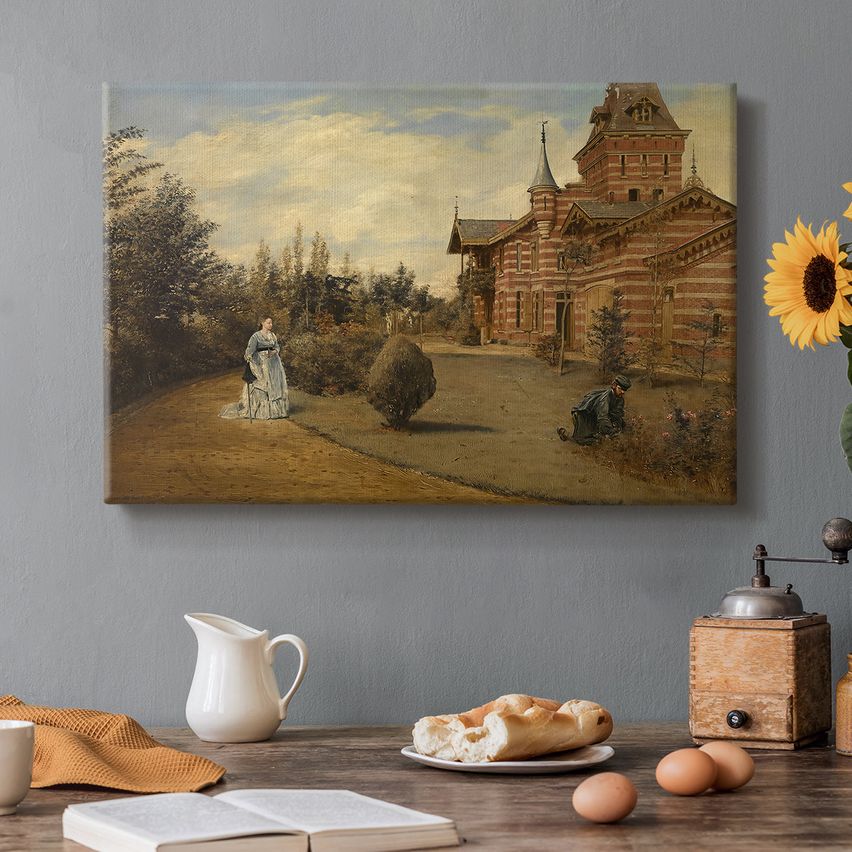 Canvas art print featuring a large house set along quiet street with figures and surrounding buildings, set in a cozy kitchen setting