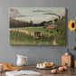 Canvas art print featuring an industrial factory building with figures working in outdoor setting, set in a cozy kitchen setting