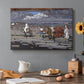 Canvas art print featuring a rural road scene with figures and landscape rendered in bold color and simplified forms, set in a cozy kitchen setting