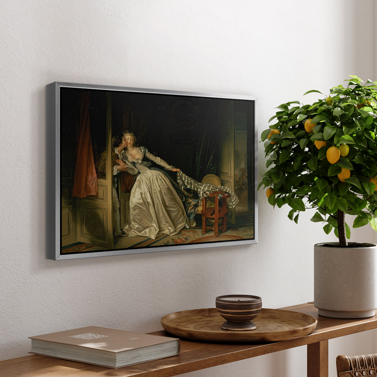The Stolen Kiss (Le Baiser à la dérobée), c. 1788 - Floater Framed Canvas Print