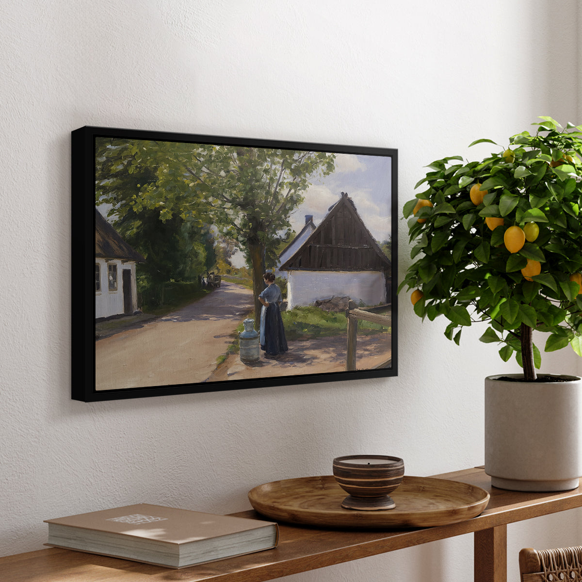 Danish Village Street with Woman and Milkman, 1880 - Floater Framed Canvas Print