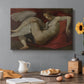 Canvas art print featuring a reclining female figure interacting with swan in mythological setting, set in a cozy kitchen setting