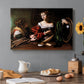 Canvas art print featuring a two women seated together in conversation with symbolic objects on table, set in a cozy kitchen setting