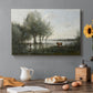 Canvas art print featuring a marshy landscape with water, trees, and soft atmospheric light, set in a cozy kitchen setting