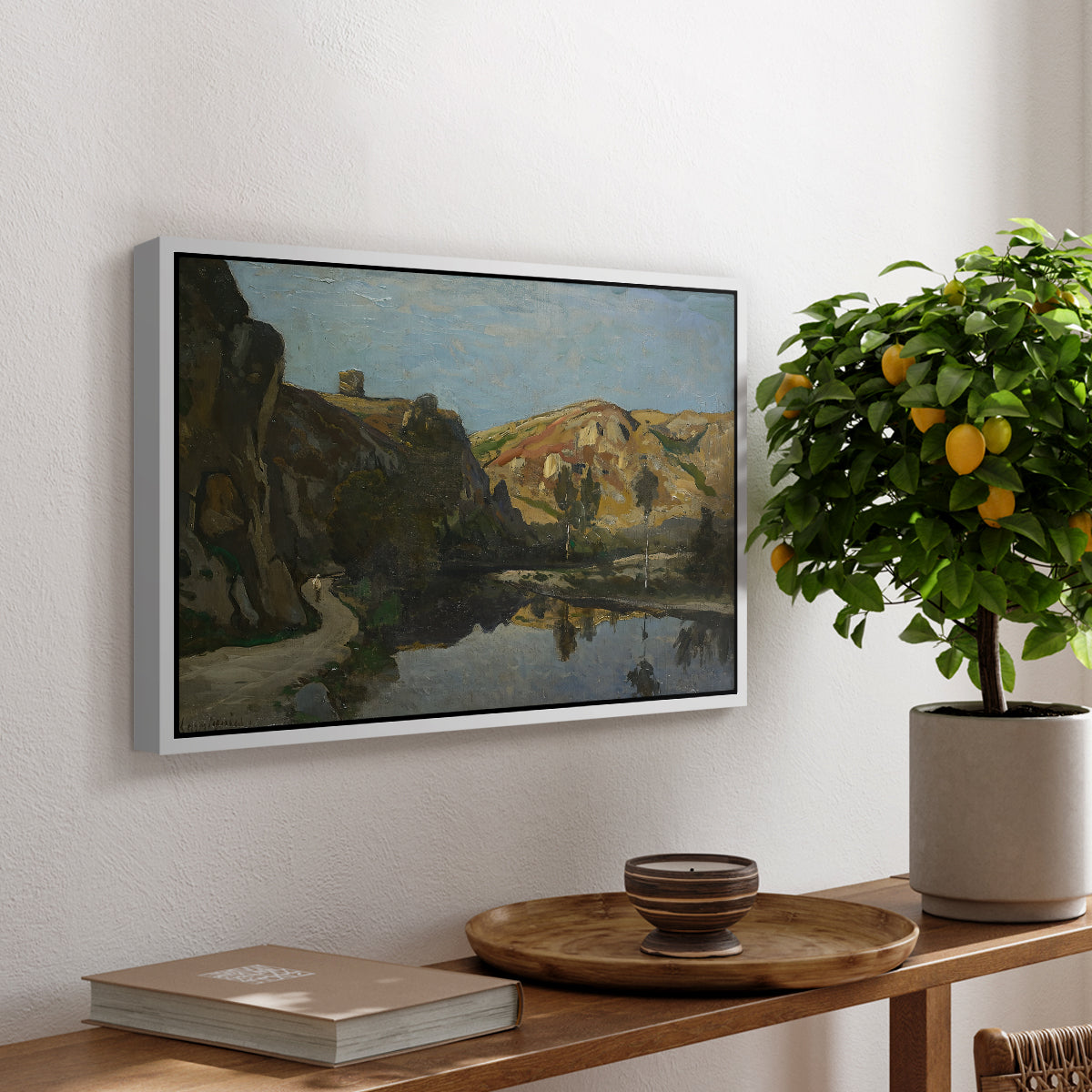 River Landscape with Cliffs, c. 1850-1860 - Floater Framed Canvas Print