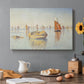 Canvas art print featuring a calm harbor with boats in morning light, set in a cozy kitchen setting