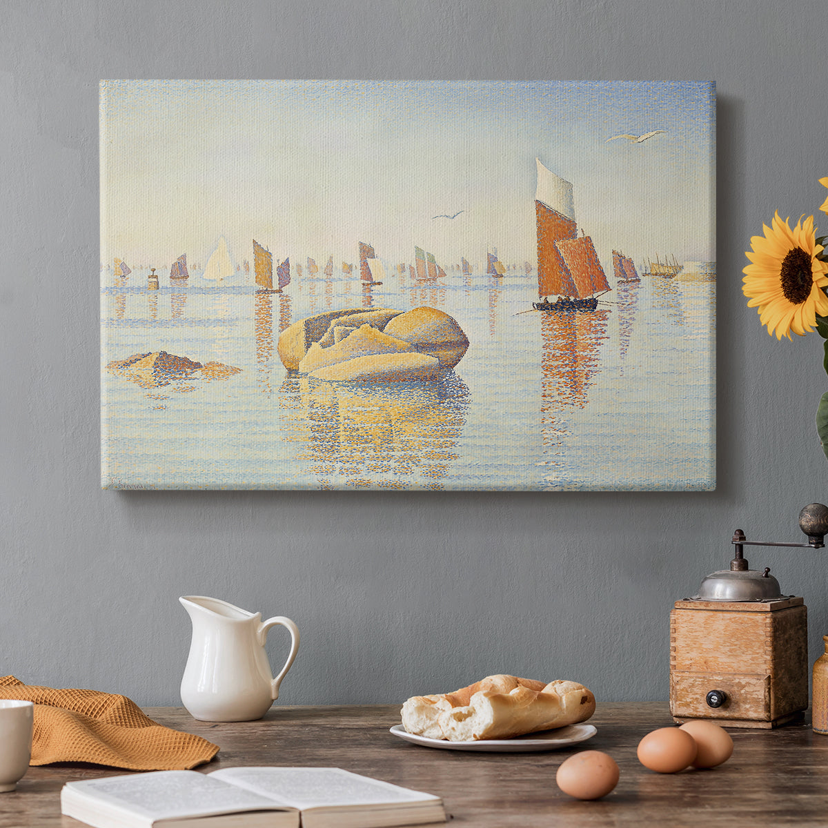 Canvas art print featuring a calm harbor with boats in morning light, set in a cozy kitchen setting