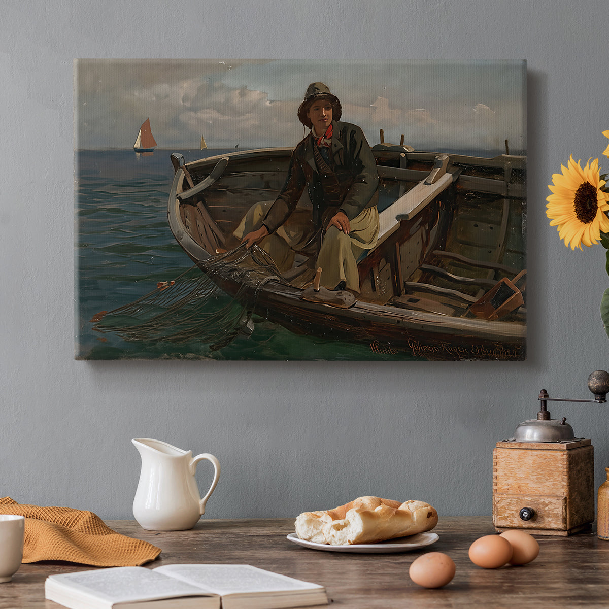 Canvas art print featuring fishermen working from small boat on open water near shore, set in a cozy kitchen setting